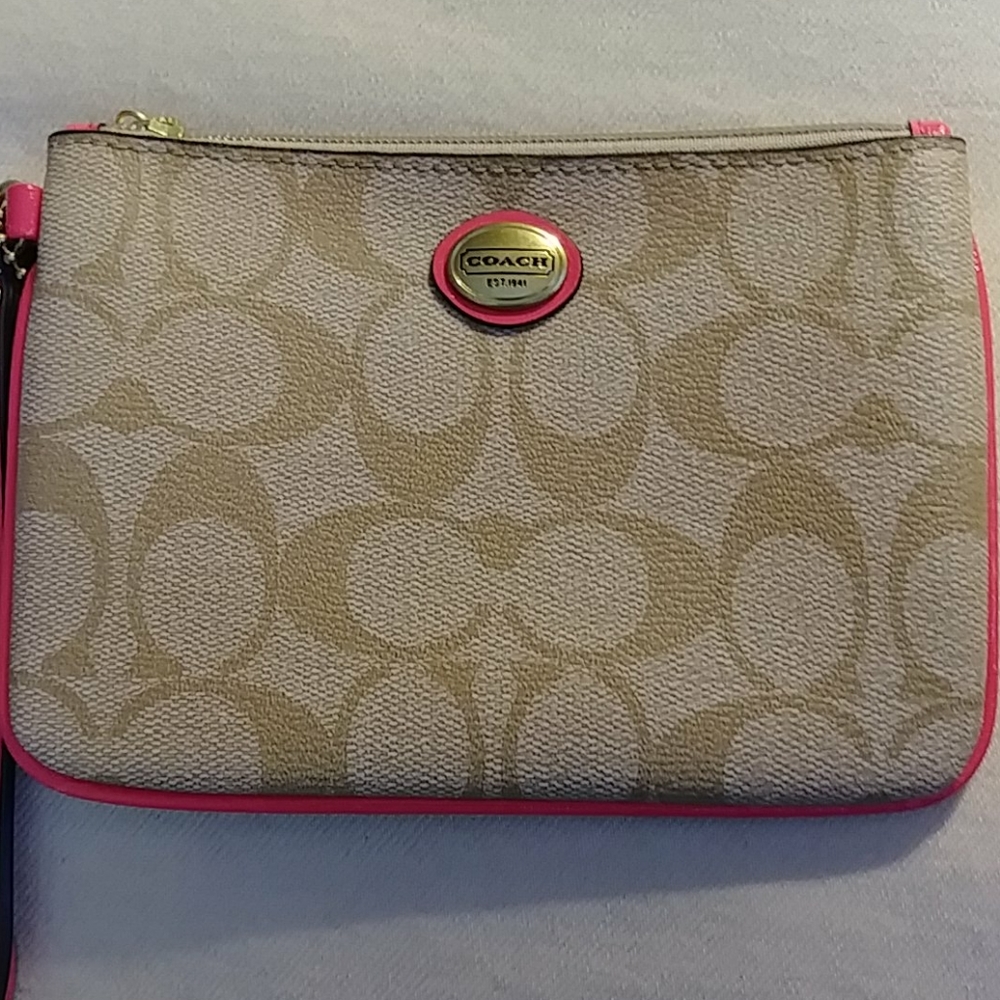 Coach Leather Khaki and Pomegranate Wristlet